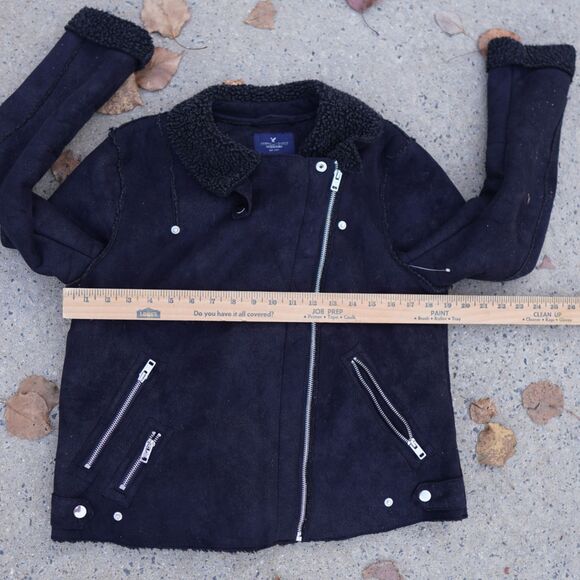 AE Faux Suede Moto Jacket Black Sherpa Lined Women's M Zip Up Winter - Picture 14 of 15